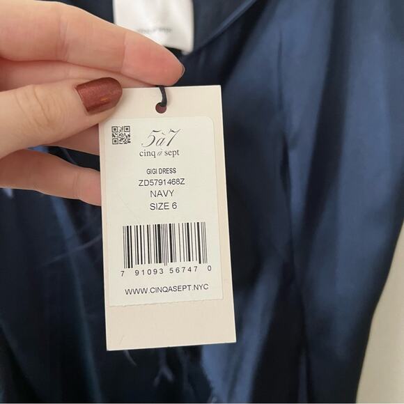 Cinq a Sept Gigi Navy Ruffle Feather Silk Satin Midi Dress - Picture 7 of 10